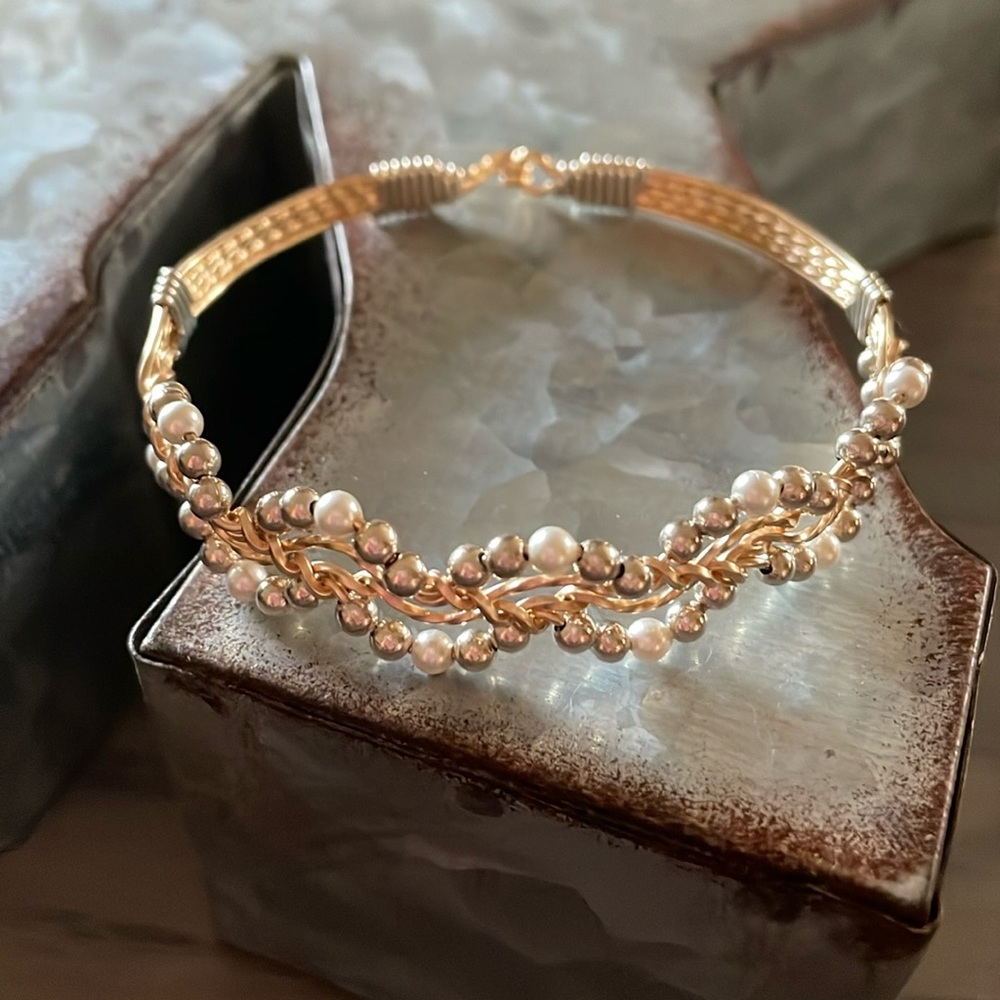 Ronaldo 7 inch silver and 14kt artisan wire bracelet